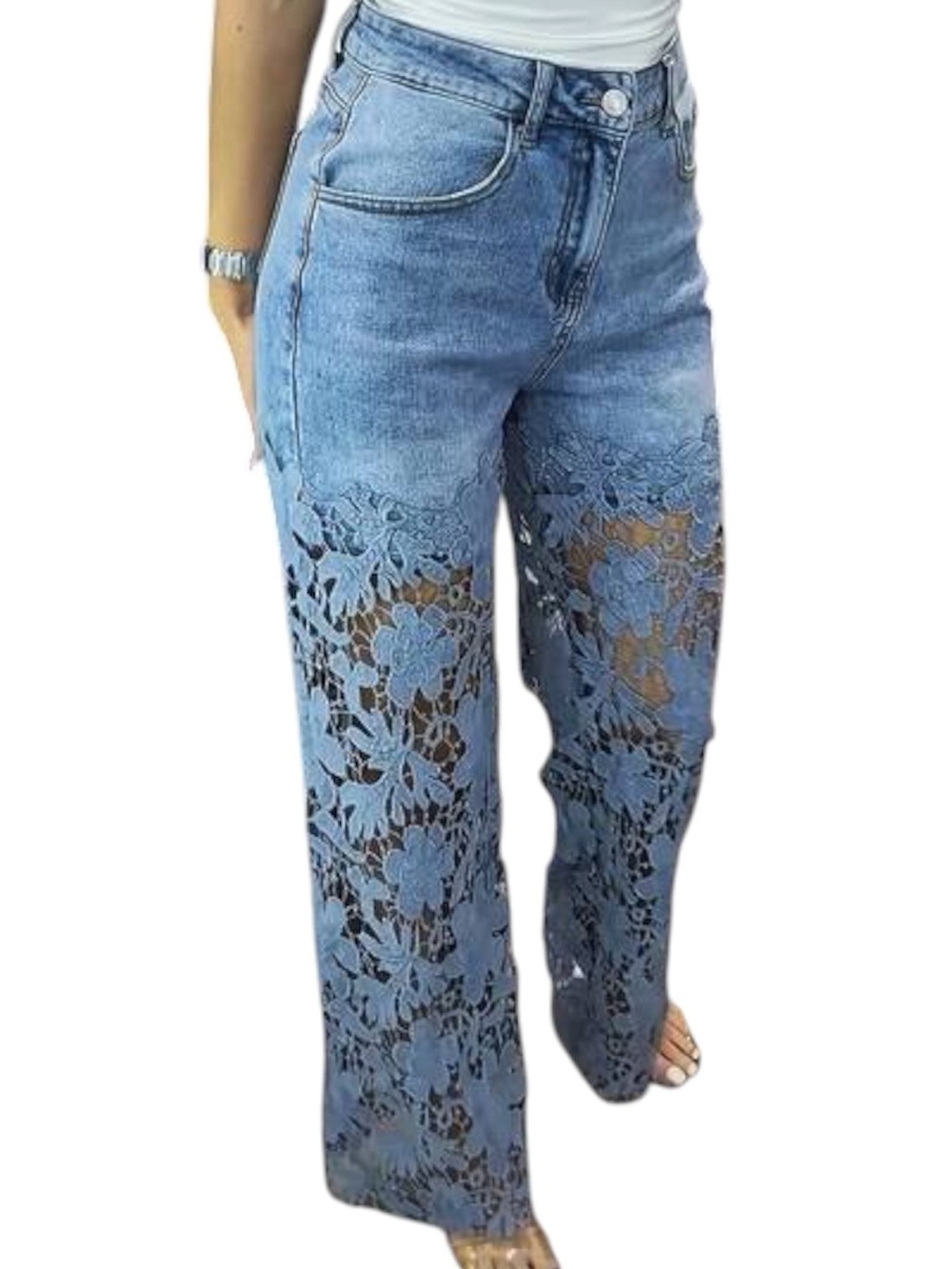 Women’s High-Rise Crochet Blue Lace Wide Leg Jeans Size XL